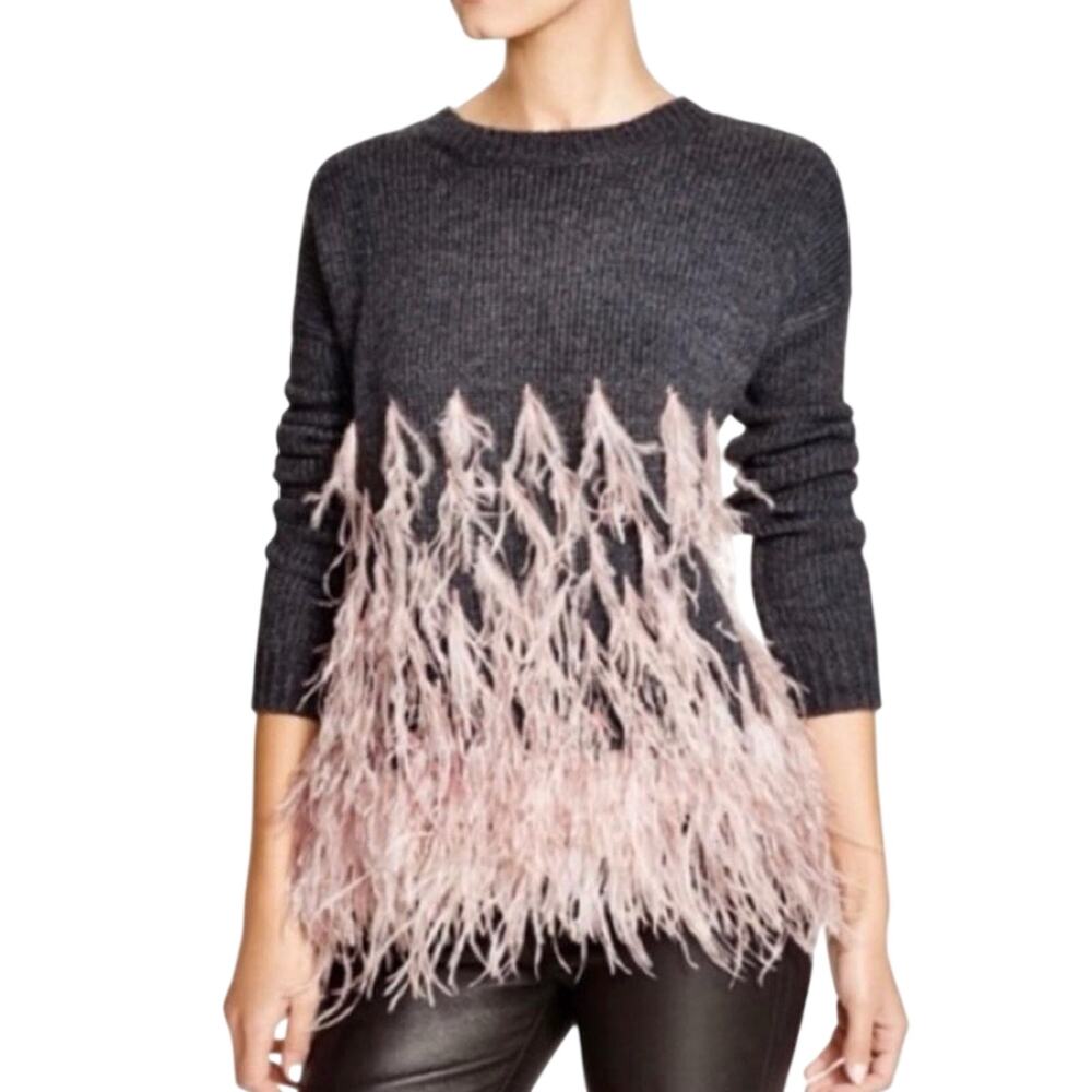 Elizabeth and James Genuine Ostrich Feather Trim Sweater Gray Pink M Abstract